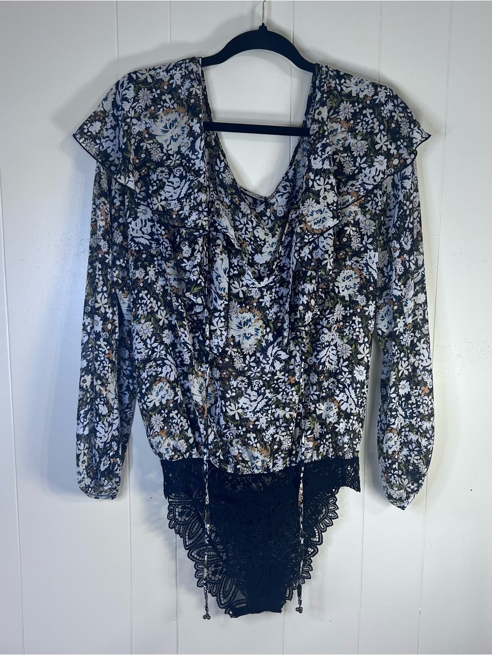 Free People Black Floral Lace-Trim Long Sleeve Bodysuit